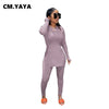 CM.YAYA Solid Full Sleeve Tshirt Side Split and Full Length Skinny Pant 2 Piece Set Women Spring Fall Casual Two Piece Outfits