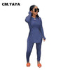 CM.YAYA Solid Full Sleeve Tshirt Side Split and Full Length Skinny Pant 2 Piece Set Women Spring Fall Casual Two Piece Outfits