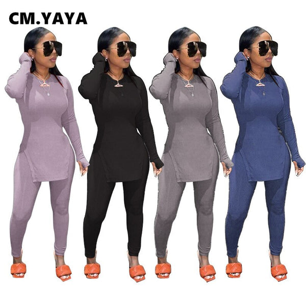 CM.YAYA Solid Full Sleeve Tshirt Side Split and Full Length Skinny Pant 2 Piece Set Women Spring Fall Casual Two Piece Outfits