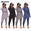 CM.YAYA Solid Full Sleeve Tshirt Side Split and Full Length Skinny Pant 2 Piece Set Women Spring Fall Casual Two Piece Outfits