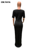 CM.YAYA Women Black Half Length Sleeve Cut Out Front Bodycon Midi Maxi Long Dress for Sexy Party Winter Spring