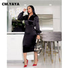 CM.YAYA Women Black Long Sleeve V-neck Bodycon Midi Dress Sexy Party Club Night Office Lady Pencil Dresses