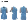 CM.YAYA Women Blazers Solid Short Sleeve Notched Collar Double Breasted Slim Blazers Tops Office Lady Clothing Summer