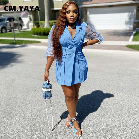 CM.YAYA Women Blazers Solid Short Sleeve Notched Collar Double Breasted Slim Blazers Tops Office Lady Clothing Summer