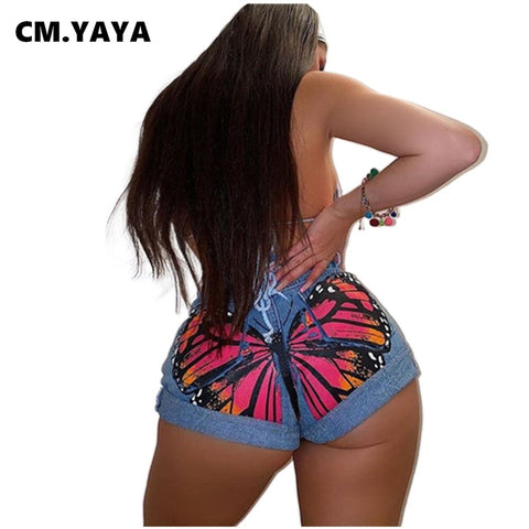 CM.YAYA Women Butterfly Print Denim Shorts Streetwear Skinny Short Jeans Summer 2022