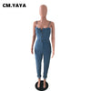 CM.YAYA Women Denim Jumpsuits Solid Strap Slash Neck Button Pockets Zip Fly Pencil Jumpsuits Streetwear Summer Outfits
