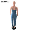 CM.YAYA Women Denim Jumpsuits Solid Strap Slash Neck Button Pockets Zip Fly Pencil Jumpsuits Streetwear Summer Outfits