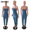 CM.YAYA Women Denim Jumpsuits Solid Strap Slash Neck Button Pockets Zip Fly Pencil Jumpsuits Streetwear Summer Outfits