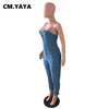 CM.YAYA Women Denim Jumpsuits Solid Strap Slash Neck Button Pockets Zip Fly Pencil Jumpsuits Streetwear Summer Outfits
