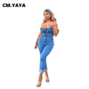 CM.YAYA Women Denim Jumpsuits Solid Strap Slash Neck Button Pockets Zip Fly Pencil Jumpsuits Streetwear Summer Outfits