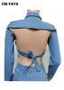 CM.YAYA Women Denim Two 2 Piece Set Classic Backless Crop Tops and Lace Up Shorts Matching Set Outfits Streetwear Jean Tracksuit