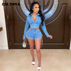 CM.YAYA Women Denim Two 2 Piece Set Classic Backless Crop Tops and Lace Up Shorts Matching Set Outfits Streetwear Jean Tracksuit