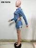 CM.YAYA Women Denim Two 2 Piece Set Classic Backless Crop Tops and Lace Up Shorts Matching Set Outfits Streetwear Jean Tracksuit