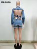 CM.YAYA Women Denim Two 2 Piece Set Classic Backless Crop Tops and Lace Up Shorts Matching Set Outfits Streetwear Jean Tracksuit