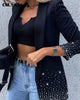 CM.YAYA Women Diamonds Drill Splicing Black Notched Neck Blazer for 2023 Spring Streetwear Outcoat