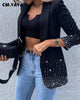 CM.YAYA Women Diamonds Drill Splicing Black Notched Neck Blazer for 2023 Spring Streetwear Outcoat