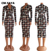 CM.YAYA Women Houndstooth with Sashes V-neck Bodycon Midi Knee Length Long Sleeve Dress Sexy Night Party Pencil Dresses
