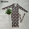 CM.YAYA Women Houndstooth with Sashes V-neck Bodycon Midi Knee Length Long Sleeve Dress Sexy Night Party Pencil Dresses