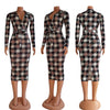 CM.YAYA Women Houndstooth with Sashes V-neck Bodycon Midi Knee Length Long Sleeve Dress Sexy Night Party Pencil Dresses