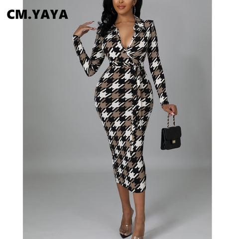 CM.YAYA Women Houndstooth with Sashes V-neck Bodycon Midi Knee Length Long Sleeve Dress Sexy Night Party Pencil Dresses