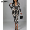 CM.YAYA Women Houndstooth with Sashes V-neck Bodycon Midi Knee Length Long Sleeve Dress Sexy Night Party Pencil Dresses