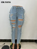 CM.YAYA Women Jeans Badnage Hollow Out Hole Ripped Pockets Zipper Skinny Pencil Denim Pants Streetwear Autumn Trousers