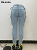 CM.YAYA Women Jeans Badnage Hollow Out Hole Ripped Pockets Zipper Skinny Pencil Denim Pants Streetwear Autumn Trousers