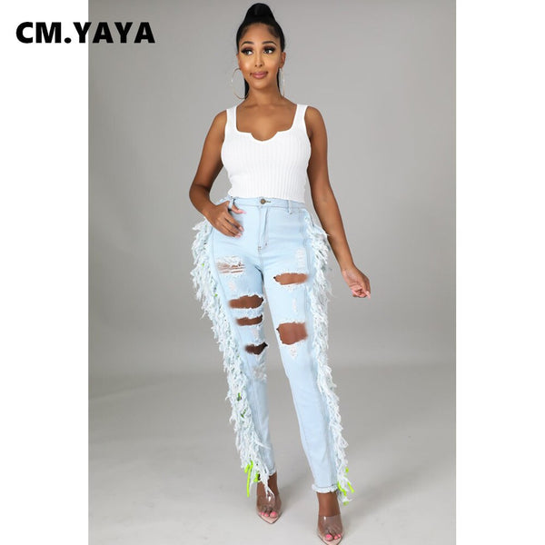 CM.YAYA Women Jeans Badnage Hollow Out Hole Ripped Pockets Zipper Skinny Pencil Denim Pants Streetwear Autumn Trousers