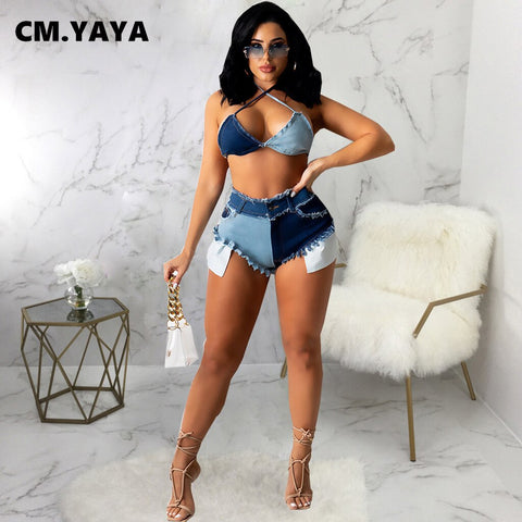 CM.YAYA Women Jeans Patchwork Ripped Pockets Zip Super-short Jeans Sexy Denim Shorts High Streetwear Summer Trousers