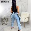 CM.YAYA Women Jeans Ripped Hole Side Ruffles Mid Waist Pockets Zipper Stretchy Skinny Pencil Denim Pants Trousers Summer