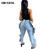 CM.YAYA Women Jeans Ripped Hole Side Ruffles Mid Waist Pockets Zipper Stretchy Skinny Pencil Denim Pants Trousers Summer