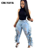 CM.YAYA Women Jeans Ripped Hole Side Ruffles Mid Waist Pockets Zipper Stretchy Skinny Pencil Denim Pants Trousers Summer