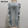 CM.YAYA Women Jeans Ripped Hole Side Ruffles Mid Waist Pockets Zipper Stretchy Skinny Pencil Denim Pants Trousers Summer