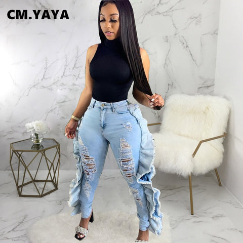 CM.YAYA Women Jeans Ripped Hole Side Ruffles Mid Waist Pockets Zipper Stretchy Skinny Pencil Denim Pants Trousers Summer