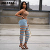 CM.YAYA Women Jeans Solid Ripped Hole Mid Waist Pockets Zipper Long Pencil Denim Pants Sexy Streetwear Summer Trousers