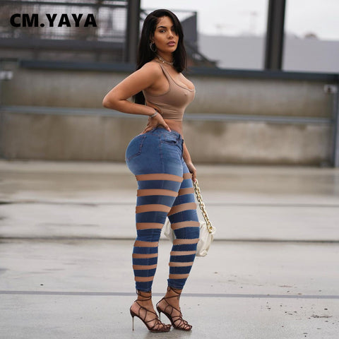 CM.YAYA Women Jeans Solid Ripped Hole Mid Waist Pockets Zipper Long Pencil Denim Pants Sexy Streetwear Summer Trousers