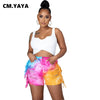 CM.YAYA Women Jeans Tie Dye Ripped Hole Tassel Mid Waist Pockets Stretchy Skinny Mini Denim Shorts Casual Trousers Summer 2022