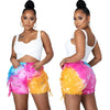 CM.YAYA Women Jeans Tie Dye Ripped Hole Tassel Mid Waist Pockets Stretchy Skinny Mini Denim Shorts Casual Trousers Summer 2022