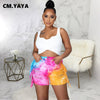 CM.YAYA Women Jeans Tie Dye Ripped Hole Tassel Mid Waist Pockets Stretchy Skinny Mini Denim Shorts Casual Trousers Summer 2022