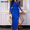 CM.YAYA Women Mesh Long Sleeve Patchwork High Side Split Bodycon Midi Maxi Long Dress Summer Spring Sexy Night Party Club 2023