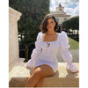 CM.YAYA Women Mini Dress Solid Full Puff Sleeve Square Collar Bandage Stretchy Bodycon Dresses Sexy Vestidos Summer 2022