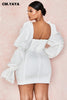CM.YAYA Women Mini Dress Solid Full Puff Sleeve Square Collar Bandage Stretchy Bodycon Dresses Sexy Vestidos Summer 2022