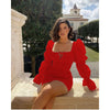 CM.YAYA Women Mini Dress Solid Full Puff Sleeve Square Collar Bandage Stretchy Bodycon Dresses Sexy Vestidos Summer 2022