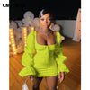 CM.YAYA Women Mini Dress Solid Full Puff Sleeve Square Collar Bandage Stretchy Bodycon Dresses Sexy Vestidos Summer 2022