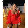 CM.YAYA Women Mini Dress Solid Full Puff Sleeve Square Collar Bandage Stretchy Bodycon Dresses Sexy Vestidos Summer 2022