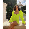 CM.YAYA Women Mini Dress Solid Full Puff Sleeve Square Collar Bandage Stretchy Bodycon Dresses Sexy Vestidos Summer 2022