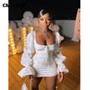 CM.YAYA Women Mini Dress Solid Full Puff Sleeve Square Collar Bandage Stretchy Bodycon Dresses Sexy Vestidos Summer 2022