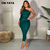 CM.YAYA Women One Shoulder One Long Sleeve Ruched with Sashes Bodycon Midi Dress Sexy Night Party Dresses for Winter Spring