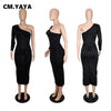 CM.YAYA Women One Shoulder One Long Sleeve Ruched with Sashes Bodycon Midi Dress Sexy Night Party Dresses for Winter Spring