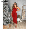 CM.YAYA Women One Shoulder One Long Sleeve Ruched with Sashes Bodycon Midi Dress Sexy Night Party Dresses for Winter Spring